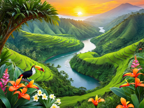 Serene Tropical Paradise: Lush Rice Terraces and Vibrant Wildlife at Sunrise