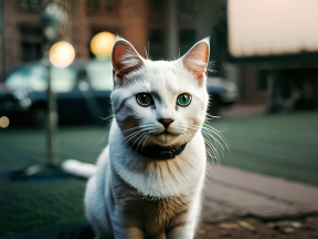 Golden Hour Portrait of a White and Light Brown Cat in an Urban Setting