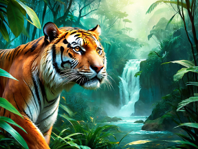 Majestic Tiger in Vibrant Jungle Habitat with Waterfall Backdrop