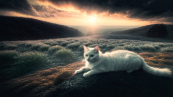 Tranquil Majesty: A Serene Cat at Sunrise in a Fantasy Landscape