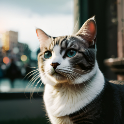 Expressive Cat with Striking Markings in Urban Nightscape