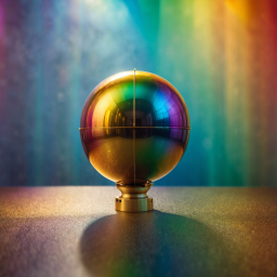 Mystical Golden Crystal Ball with Rainbow Glow on Reflective Surface