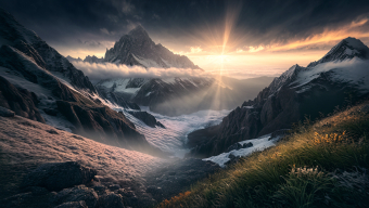 Golden Dawn Over Rugged Peaks: A Majestic Mountain Sunrise