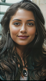 Smiling Woman with Long Wavy Hair and Elegant Makeup Portrait