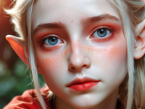 Enchanting Elven Beauty: A Fantasy Portrait with Striking Blue Eyes and Mystical Red Makeup