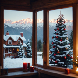 Cozy Winter Holiday Scene: Festive Christmas Decor and Snowy Mountain View Through an Open Window