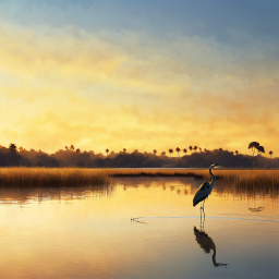 Serene Sunrise: Great Blue Heron by the Water's Edge in Tropical Dawn Light