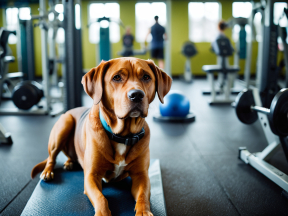 Calm Brown Dog Sitting on Gym Equipment Amid Fitness Setting