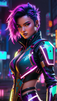 Cyberpunk Nightscape: Neon-Lit Futuristic Warrior with Purple Hair
