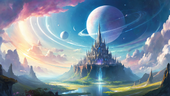 Celestial Fortress: A Majestic Castle Beneath Rings of Distant Planets