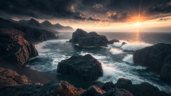 Dramatic Coastal Landscape at Stormy Sunrise with Crashing Waves and Rugged Cliffs