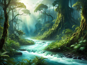 Sunlit Serenity: A Vibrant Tropical Rainforest with Meandering River and Mist