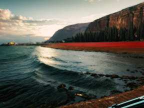 Serene Coastal Sunset: Tranquil Waters and Vibrant Shoreline Blossoms