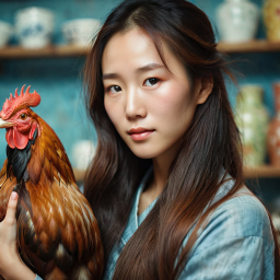Woman Holding Vibrant Rooster in Cozy Indoor Setting