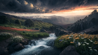 Tranquil Valley at Sunrise: A Vibrant Landscape of Wildflowers and Flowing River