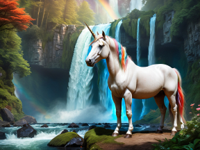 Majestic Unicorn by a Vibrant Waterfall in a Lush Fantasy Landscape