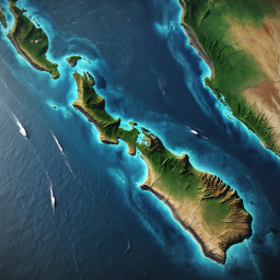 Satellite View of Tropical Island Group Surrounded by Ocean and Reefs