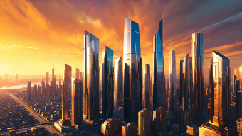 Futuristic Surreal Cityscape with Reflective Symmetry in a Sci-Fi CGI Scene