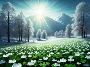 Serene Winter Morning: Snow-Covered Fields and Evergreen Mountains Divided by Light