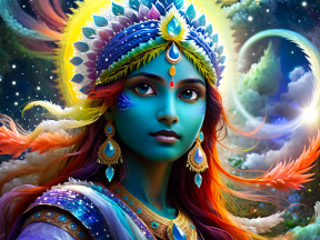 Celestial Enchantress: A Mythical Blue-Skinned Goddess Amidst the Cosmos