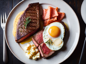 Surf and Turf Delight: Steak, Dual Fish Fillets, Sunny-Side Up Egg, and Creamy Mashed Potatoes Plate