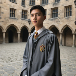 Person in Gryffindor Robes Poses at Hogwarts-Inspired Medieval Castle Setting