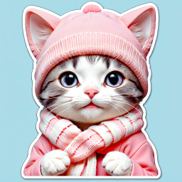 Adorable Cat Dressed in Pink Hat and Scarf with Curious Expression