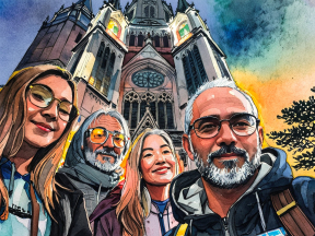 Group of Friends Posing Outdoors in Front of a Historic Gothic Building at Sunset