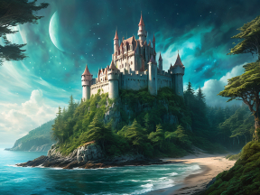 Twilight Majesty: A Medieval Castle Overlooking the Serene Coastal Horizon