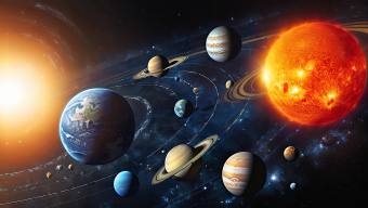 Vibrant Artistic Illustration of the Solar System with Cosmic Background