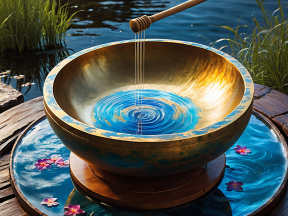 Golden Bowl with Rippling Water and Honey Drizzle Amidst Floral Outdoor Setting
