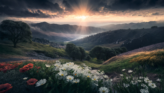 Serene Sunrise Over Untouched Rolling Hills and Forested Landscape