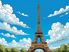 Stylized Comic Illustration of the Eiffel Tower Against a Clear Blue Sky