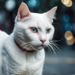 Majestic Long-Haired Cat with Red Collar Poses Gracefully Amidst Nighttime Bokeh Lights