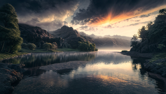 Tranquil Waters at Dawn: A Serene Landscape of Stillness and Light