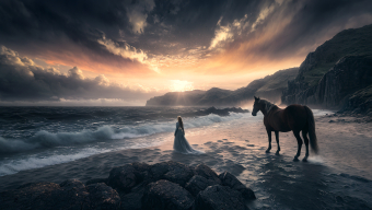 Stormy Shores: The Wet Mermaid and Her Loyal Horse Amidst the Tempest