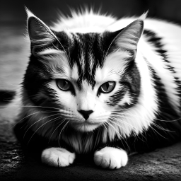 A Striped and Spotted Cat Relaxing on a Textured Surface in Soft Light