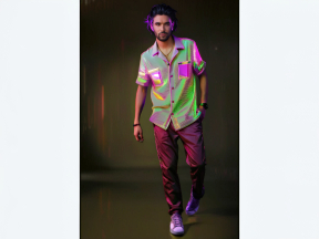 Stylish Urban Portrait with Pastel Patterns and Neon Lighting