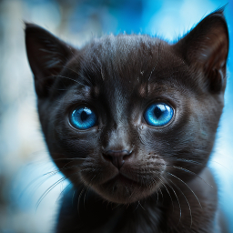 Striking Blue-Eyed Black Cat Gazes Curiously in Soft Outdoor Light