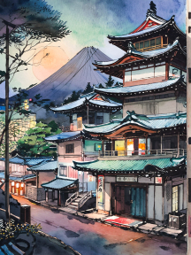 Tranquil Traditional Japanese Village at the Foot of a Majestic Mountain