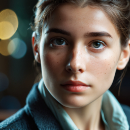 Contemplative Woman in Soft Indoor Lighting with Bokeh Background