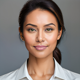 Smiling Portrait of a Person with Shoulder-Length Hair in Neutral Studio Setting