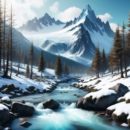 Serene Snow-Capped Mountain Valley with Icy River and Coniferous Trees