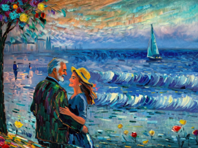 Timeless Togetherness: An Elderly Couple's Serene Seaside Moment at Dawn