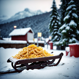 Winter Wonderland Meets Warm Comfort: Spaghetti on a Snowy Sled