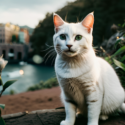 Curious Cat Overlooking a Serene Lakeside View at Dawn