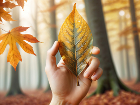 Embracing Autumn: A Hand Holding a Vibrant Yellow Leaf Amidst Fall's Serene Beauty