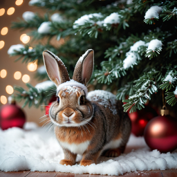 Cozy Winter Wonderland: Adorable Rabbit Poses Amid Indoor Snow and Festive Christmas Tree