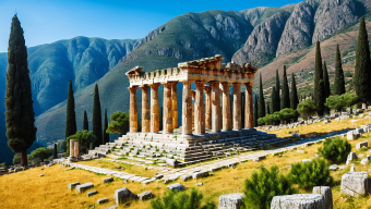 Ancient Greek Temple Amidst Ruins in a Mountainous Archaeological Landscape
