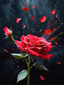 Exploding Beauty: A Vibrant Red Rose Amidst Fragmented Petals